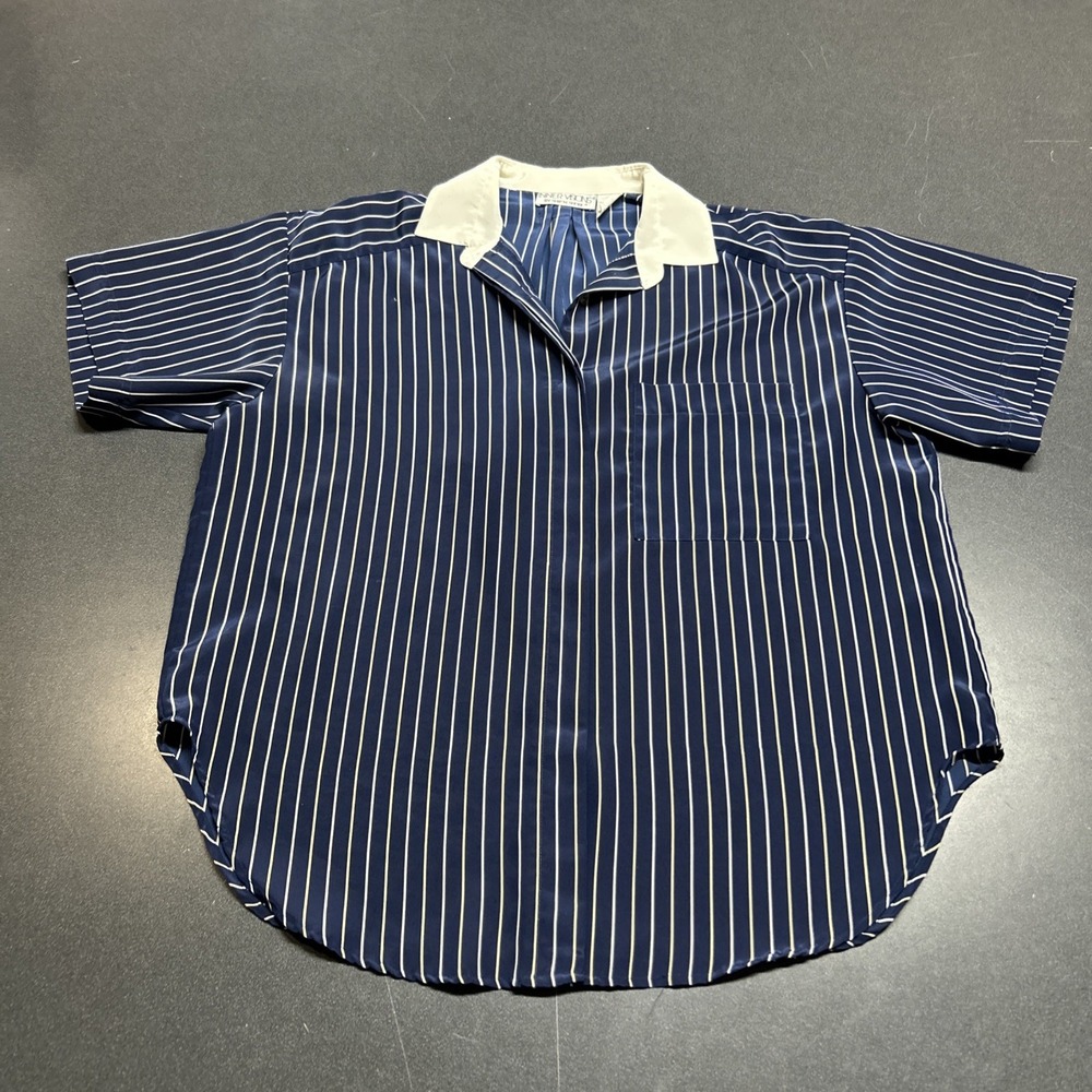 Vintage Boxy Button Front Top Blue Cream Stripe Size 14 Ship'N Shore Career
